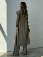 Conjunto de 3 Peças com Blusa Canelada Gola Alta Calça Pantalona de Cintura Elástica e Cardigan Alongado