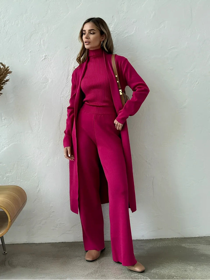 Conjunto de 3 Peças com Blusa Canelada Gola Alta Calça Pantalona de Cintura Elástica e Cardigan Alongado