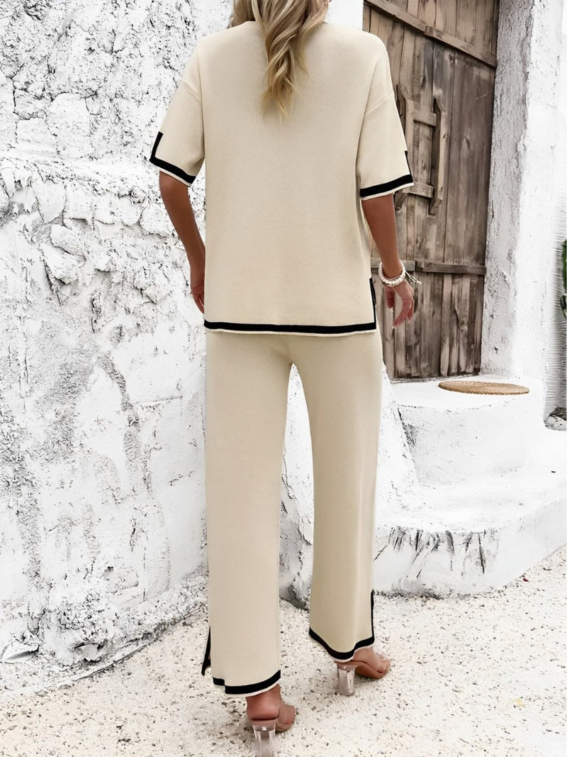 Conjunto em Viscose com Blusa Mullet de Manga Curta e Calça Cintura Alta com Fenda na Barra