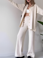 Conjunto Canelado com Camisa Alongada de Botões e Calça Reta com Elástico