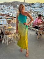 Vestido Longo Acetinado de Um Ombro Só - Aqua Luxe