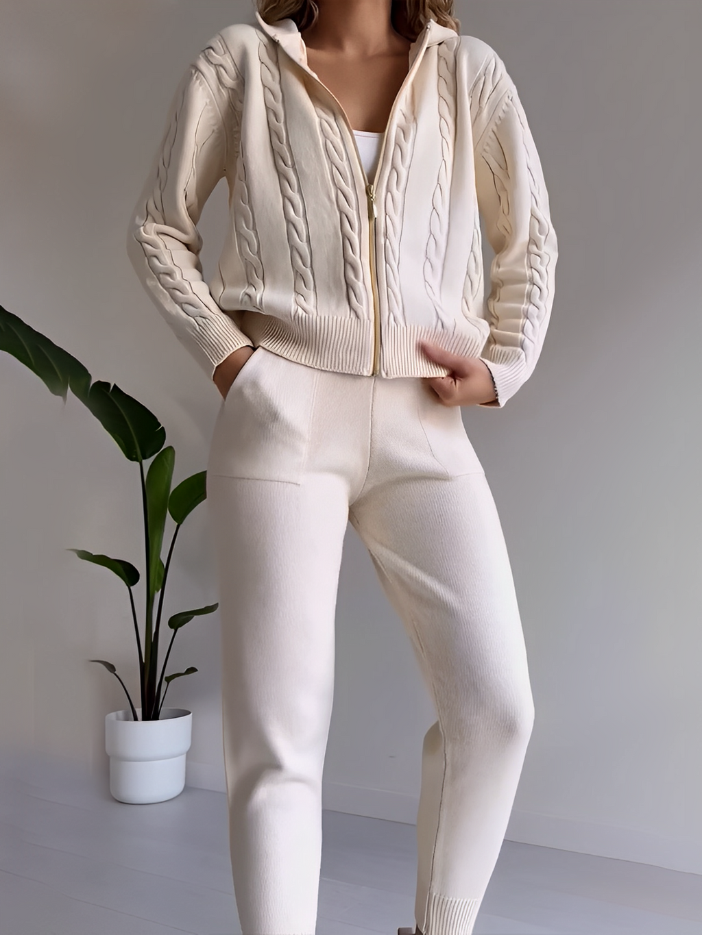 Conjunto de Tricô com Jaqueta Texturizada com Zíper e Calça Jogger de Cintura Elástica