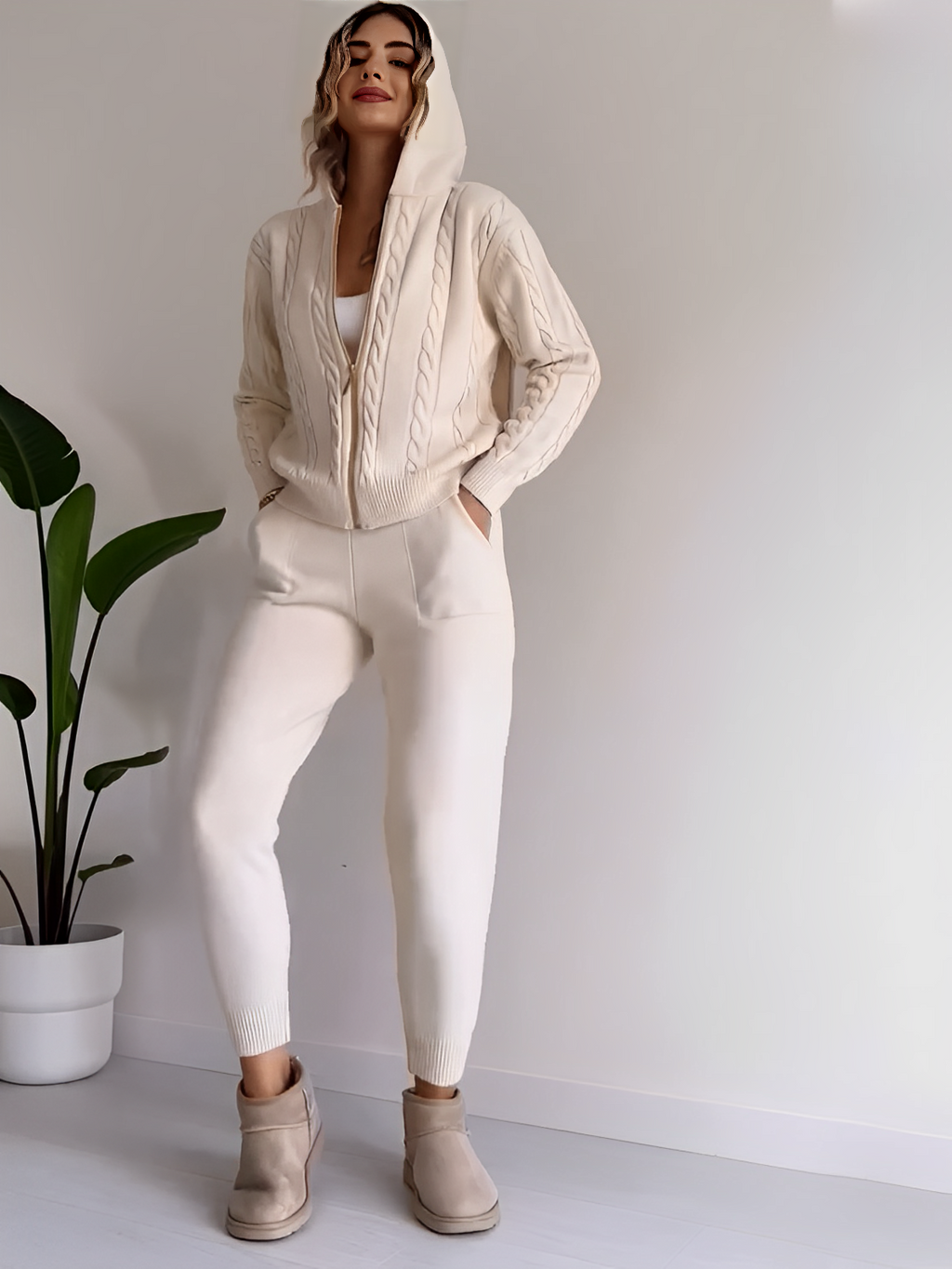 Conjunto de Tricô com Jaqueta Texturizada com Zíper e Calça Jogger de Cintura Elástica