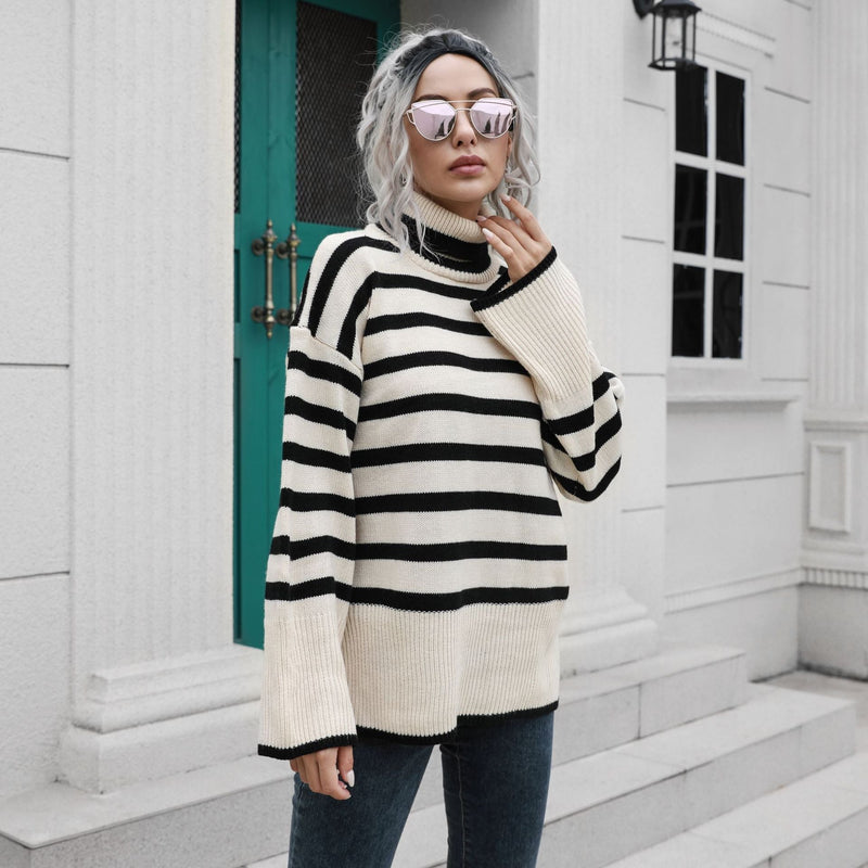 Suéter Listrado Oversize Gola Alta