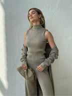 Conjunto de 3 Peças com Blusa Canelada Gola Alta Calça Pantalona de Cintura Elástica e Cardigan Alongado