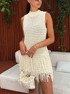 Vestido em Crochê com Borlas e Gola Alta - Azalea