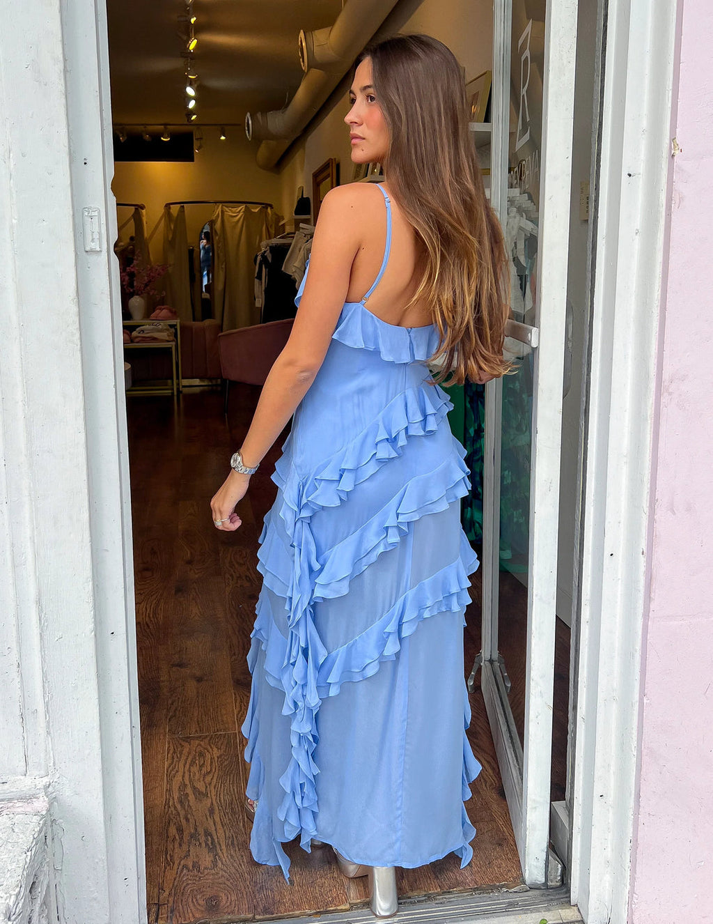 Vestido Longo de Babados com Fenda Lateral - Jade